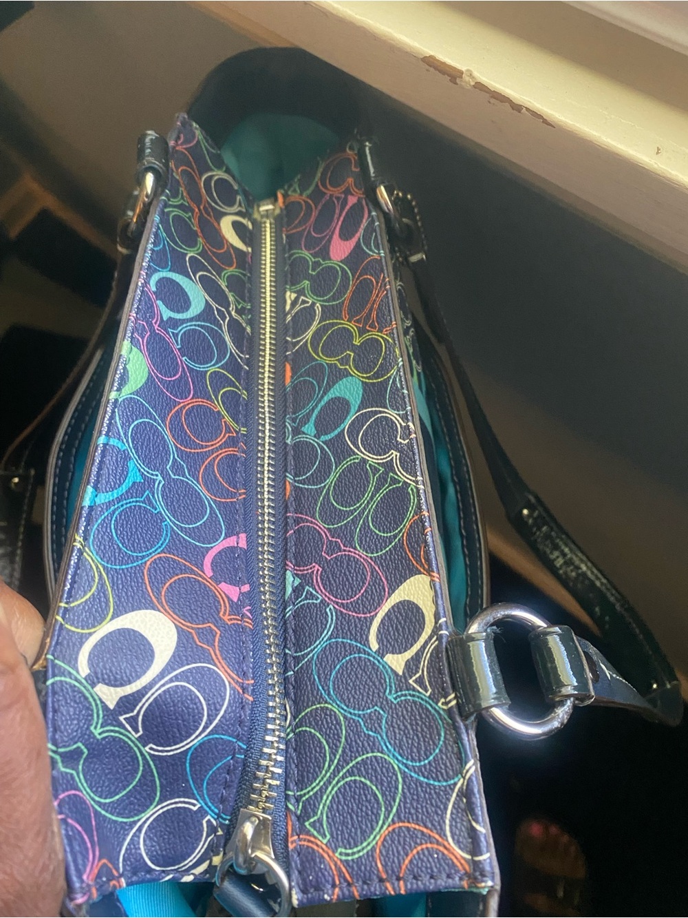 Coach Leather Navy Multicolor Signature Stripe Tote - Picture 3 of 6